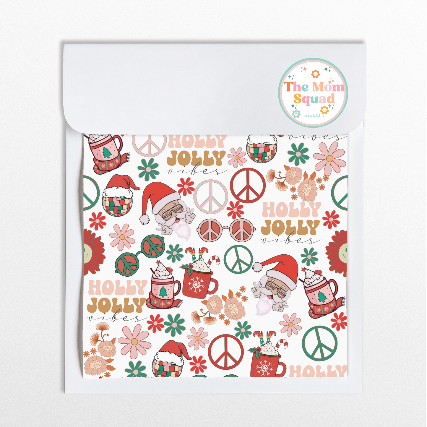 Groovy Hippie Santa Christmas Seamless Pattern – Infuse Your Holidays with Retro Vibes and Festive Cheer! Step Back in Time with Jolly Santa Claus, Peace Signs, and Far-Out Colors for a Funky and Fun Celebration!
