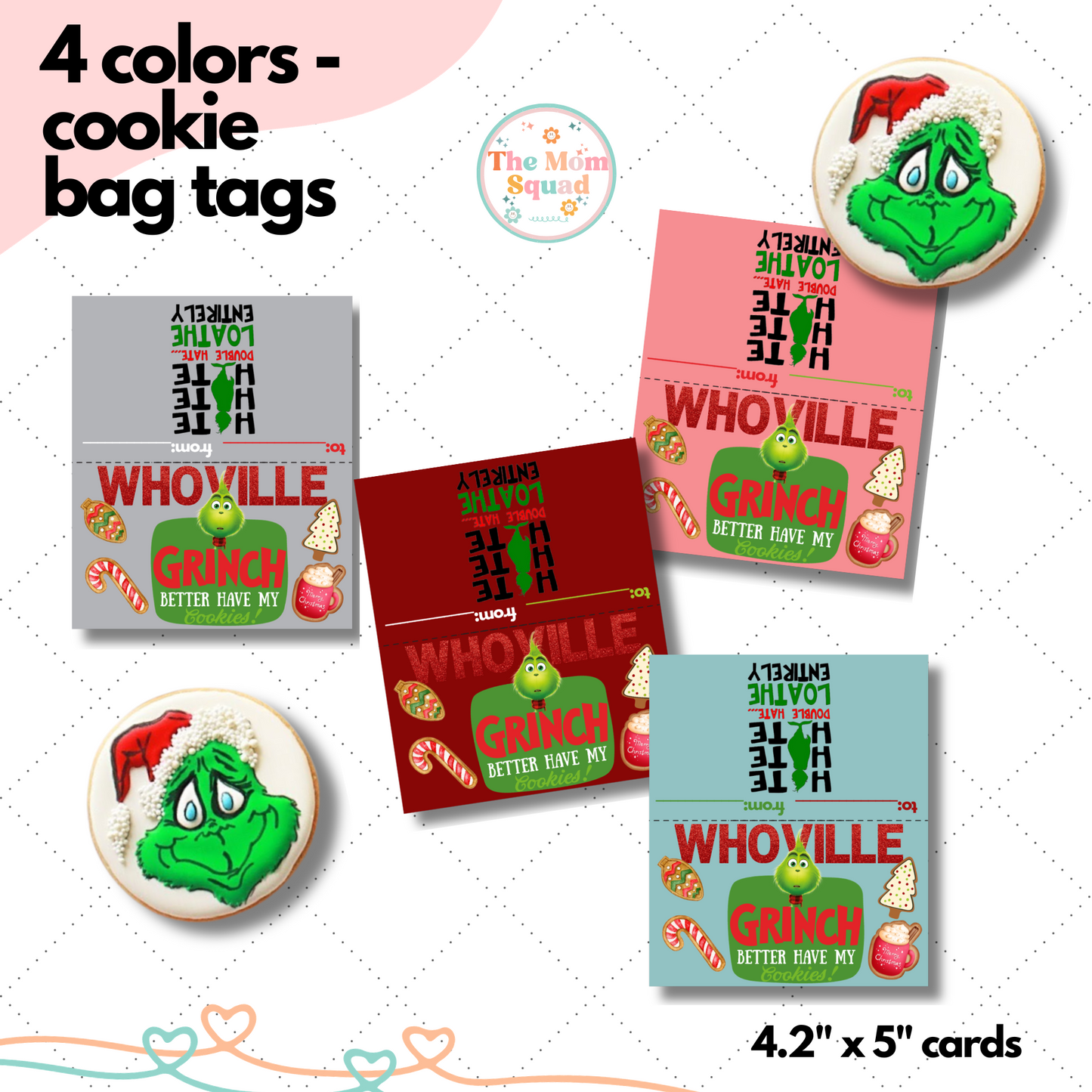Grinch Cookie Bag Printable Tags: 4 Festive Colors, 4.2" x 5" - Instantly Transform Your Holiday Treats!